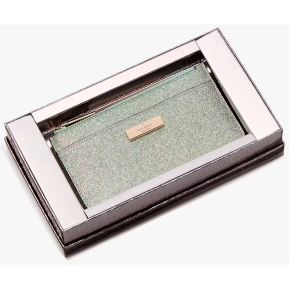 S Kate Spade Kenzie Boxed Glitter Green Large Slim Cardholder Wallet KK320 NWT